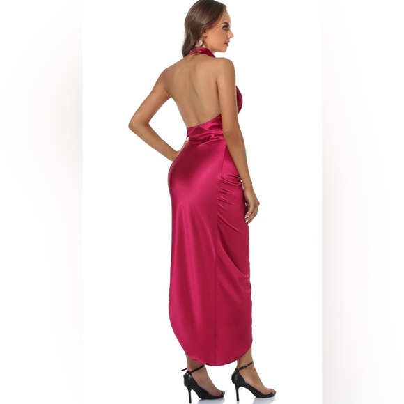 CMZ2005 Women Sexy Backless Elegant Halter Neck Satin Maxi Dress High Side slit - Picture 5 of 6
